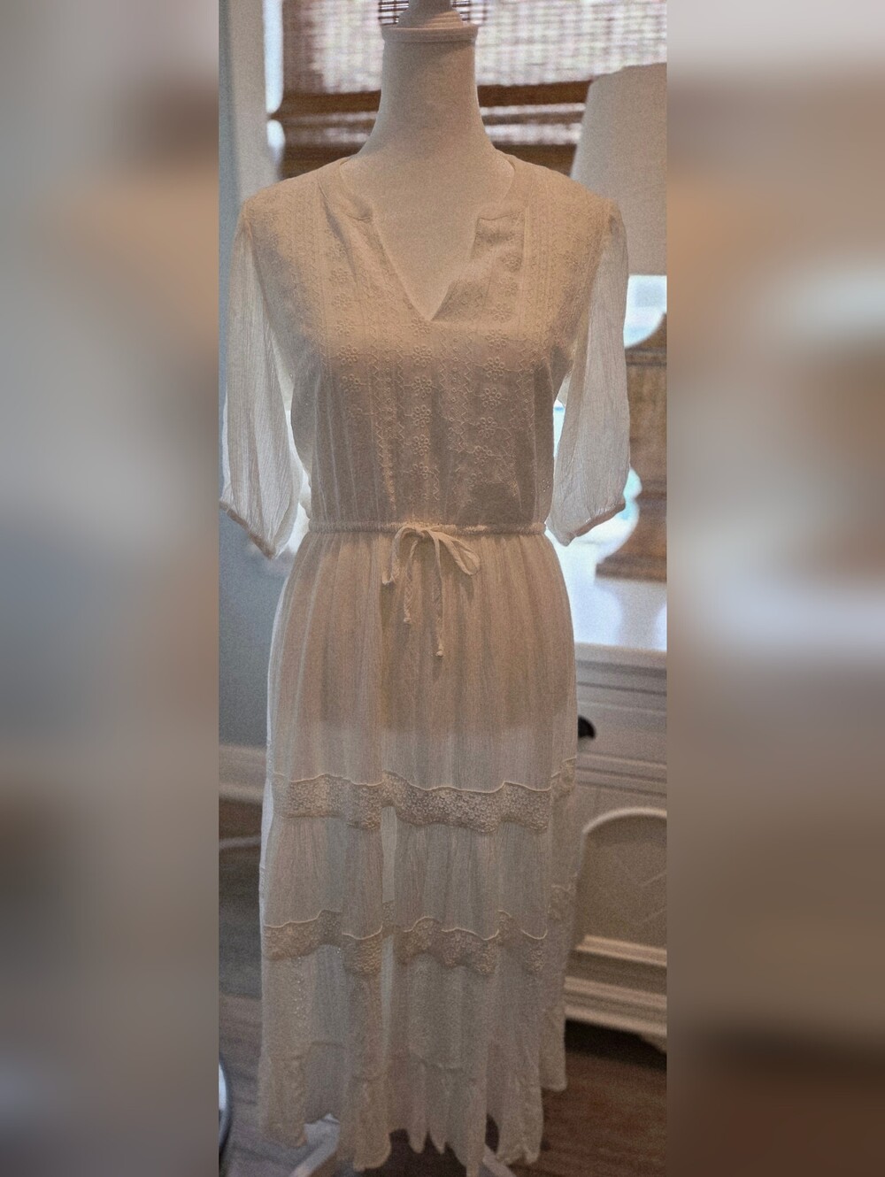Lightweight Cream Boho Tie-Waist Dress